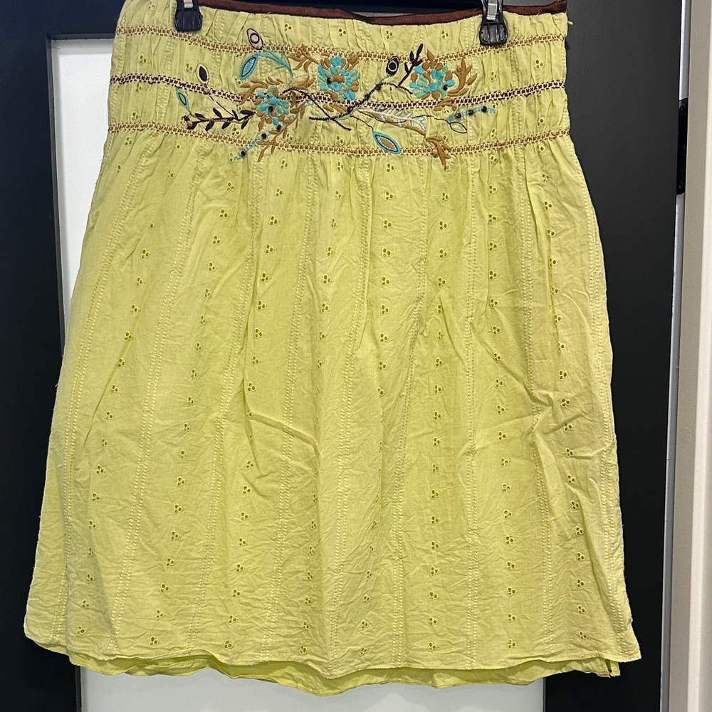 Vintage Harold's Chartreuse Eyelet Mini Skirt with Aqua Embroidery